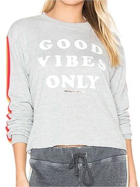 Spiritual Gangster Good Vibes Only graphic stripe sleeve heather gray sweatshirt
